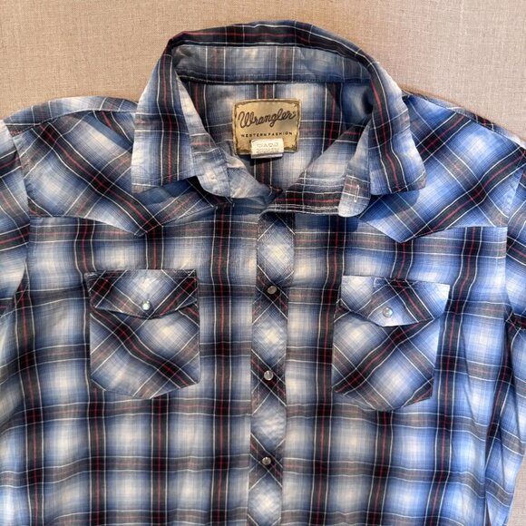 Wrangler Men’s XL Snap Button Western Shirt Blue Plaid Pearl Snap Cowboy - Picture 5 of 6